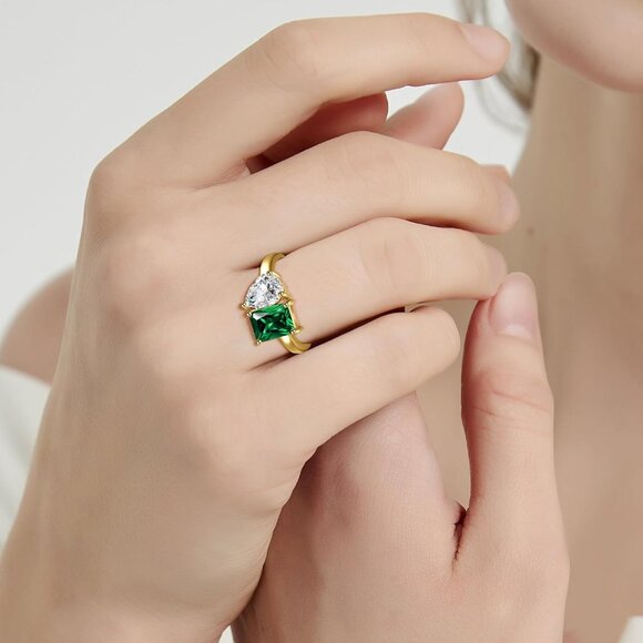 Women’s 2.75ct Gold Plated Toi Et Moi Engagement Ring Silver Green Zirconia - Picture 4 of 7